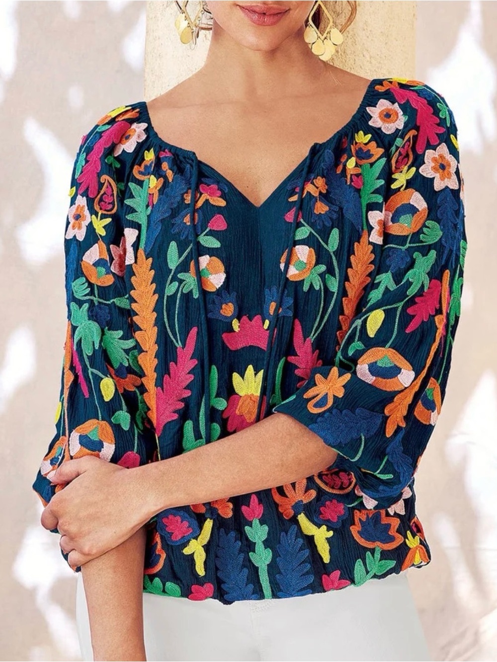 Soft Surroundings Shirt Banjara Top 2AM96 Navy Embroidered Floral Peasant Top M